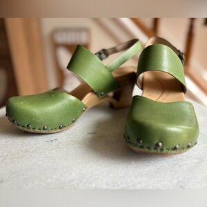 Spring green Dansko Leather Mary-Jane Shoes with Unique Cut-out in Heel